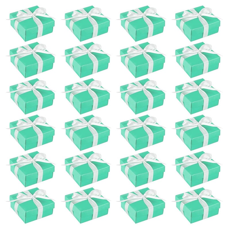 BLUE PANDA Mini Jewelry Gift Boxes - 3.74 x 3.74 x 1.65 In, 24-Pack, Teal with Lids & Ribbons - Bridal Shower Favor Boxes for Wedding & Baby Shower Favors - Image 1